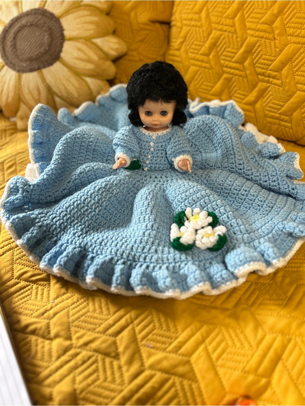 Vintage Handmade Crochet Pillow Doll | Ruffled Blue & White Dress with Floral De